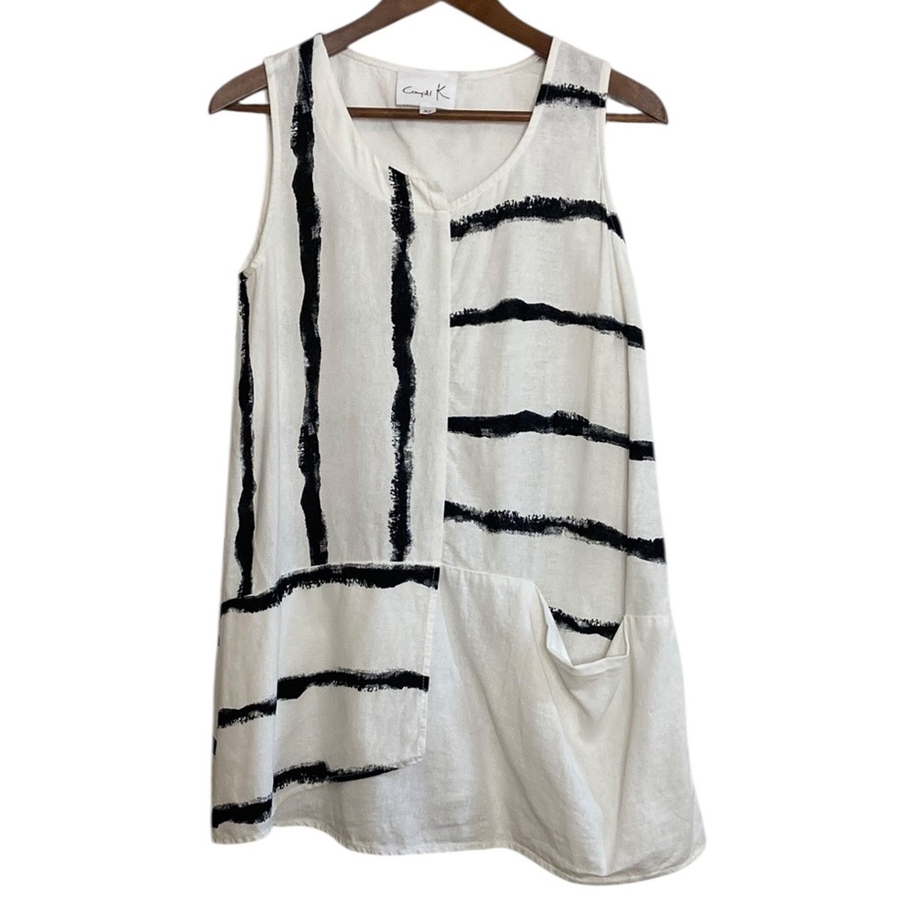Linen Top Womens XS Black White Stripe Loose Fit Sleeveless Tunic Made in Canada
